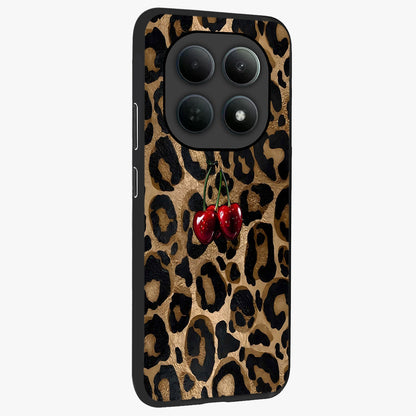 Leopard Wild Cherry Glass Case upright view showcasing stylish leopard pattern artwork with trendy fashion theme.