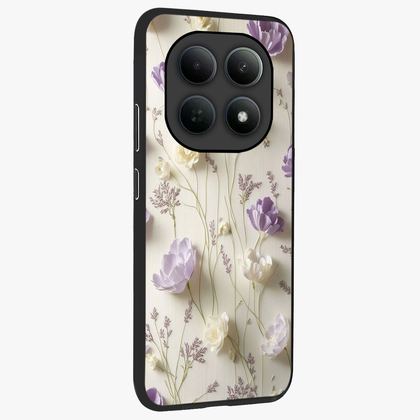 Lilac Breeze Harmony Glass Case upright view showcasing delicate lilac artwork with peaceful floral theme.