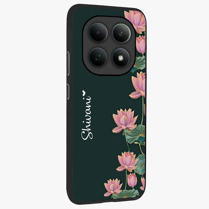 Lotus Bloom Serenity Custom Name Glass Case upright view showcasing serene lotus bloom artwork with personalized floral aesthetic.