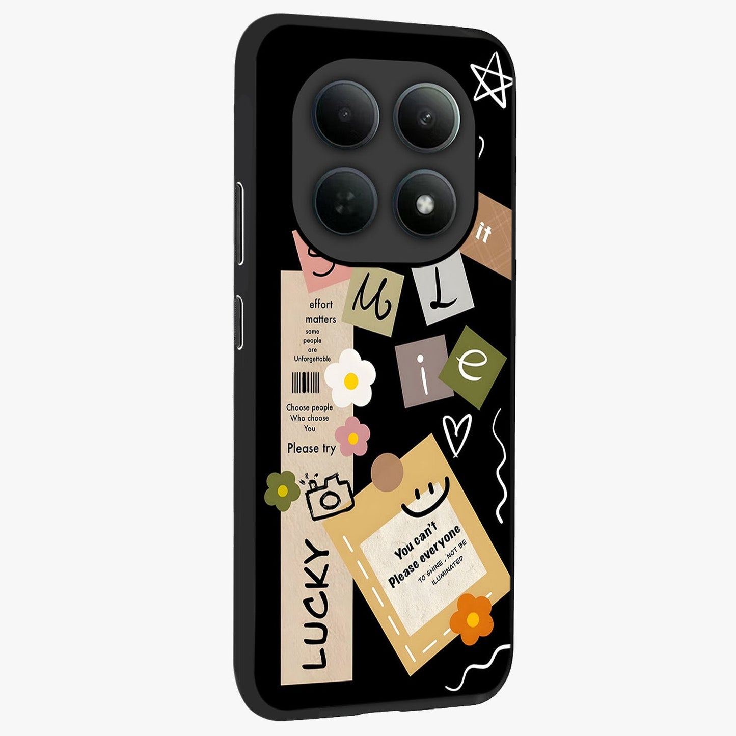 Lucky Aesthetic Collage Glass Case upright view showcasing vibrant collage artwork with youthful aesthetic theme.