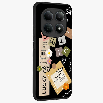 Lucky Aesthetic Collage Glass Case upright view showcasing vibrant collage artwork with youthful aesthetic theme.