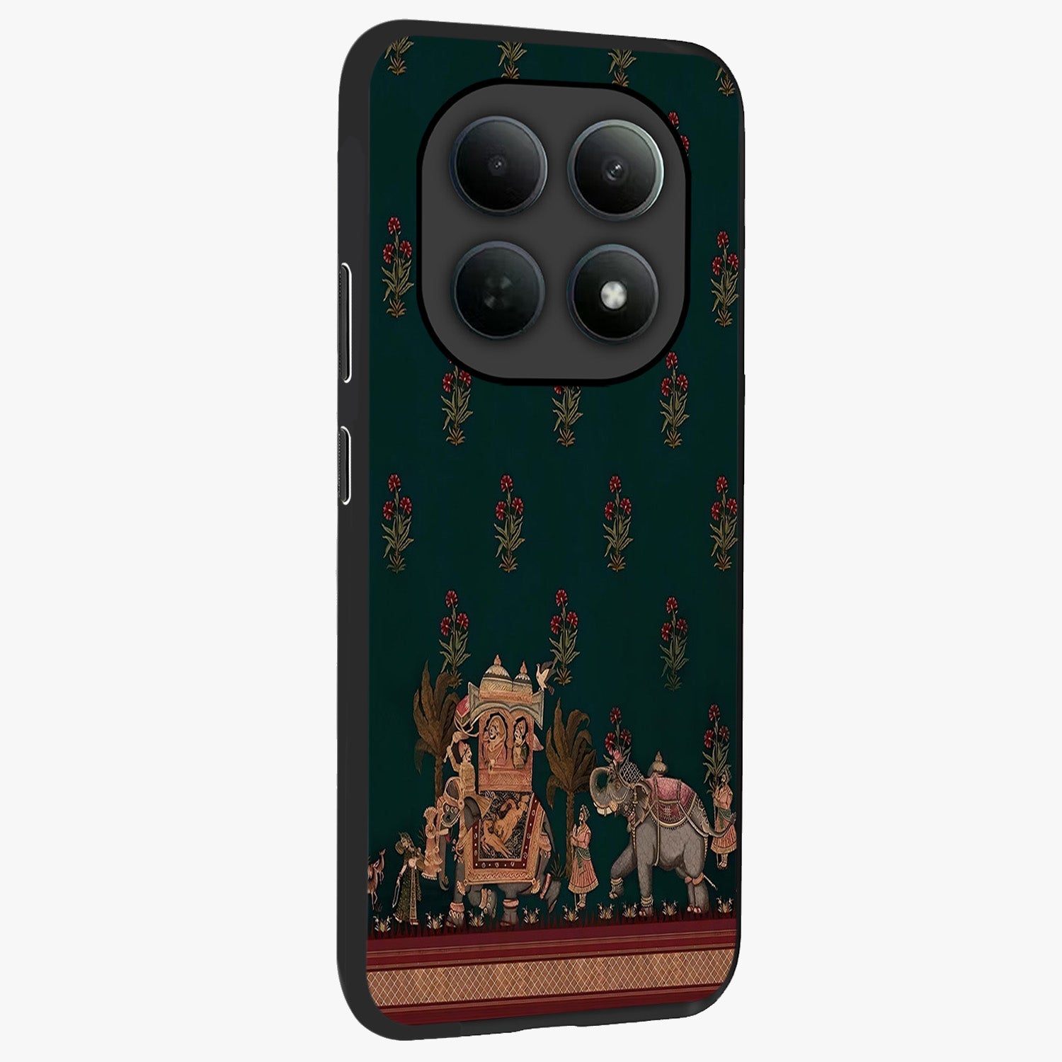 Macmerise Glass Case upright view showcasing bold artistic artwork with contemporary design theme.