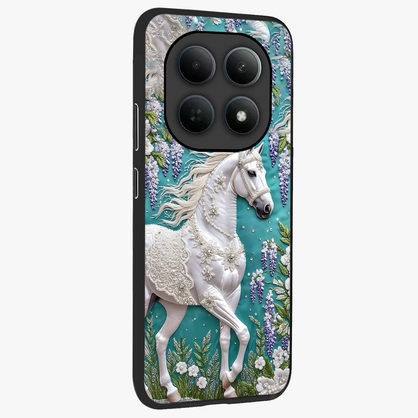Majestic Floral Stallion Glass Case upright view showcasing dramatic horse artwork with decorative floral theme.