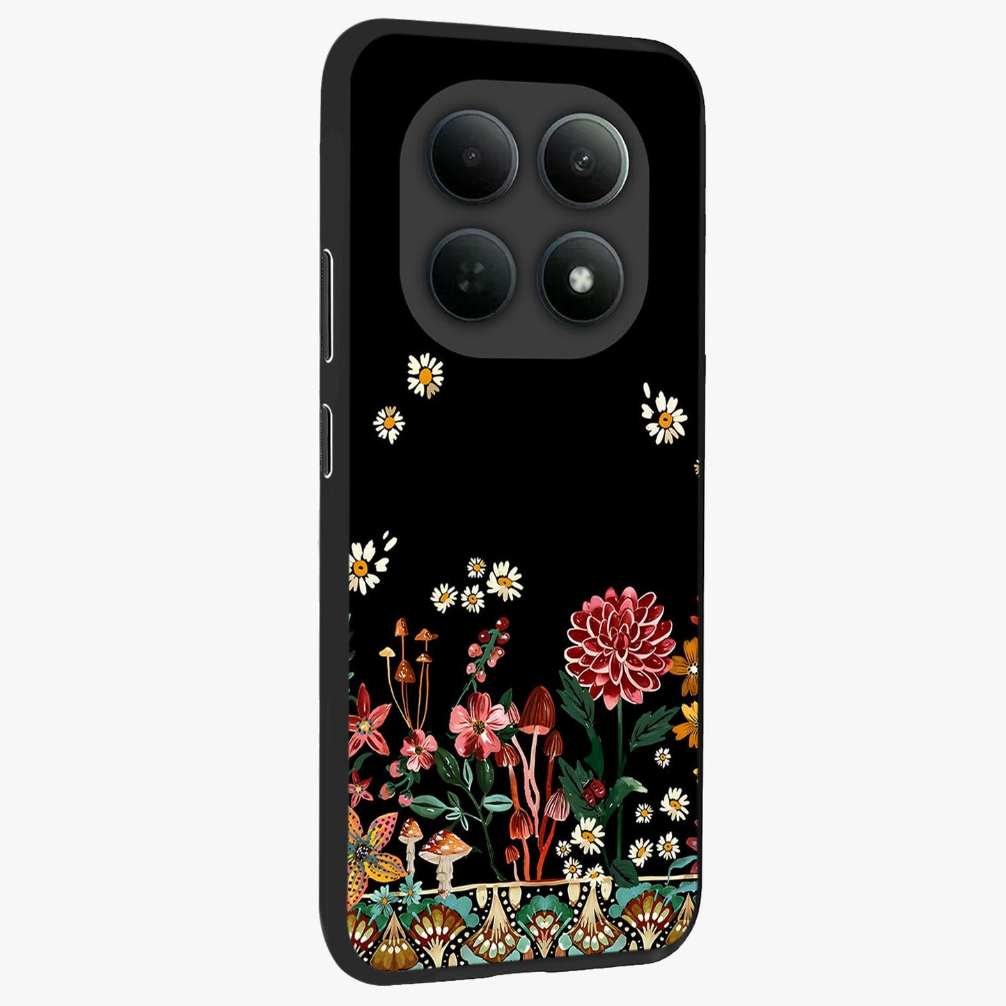 Midnight Bloom Pattern Glass Case upright view showcasing decorative floral artwork with deep night themed palette.