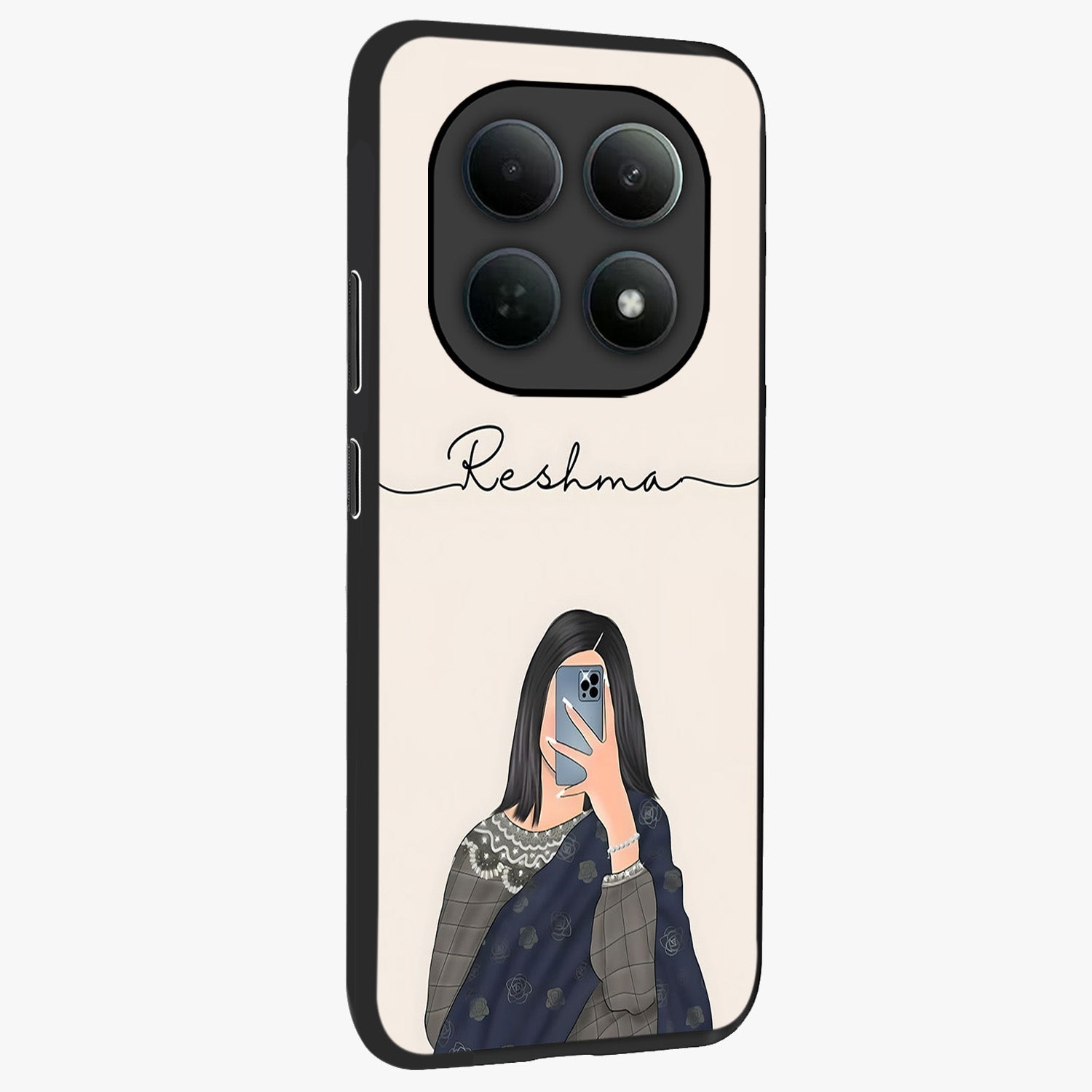 Mirror Mood Muse With Custom Name Glass Case upright view showcasing artistic mirror themed artwork with personalized aesthetic.