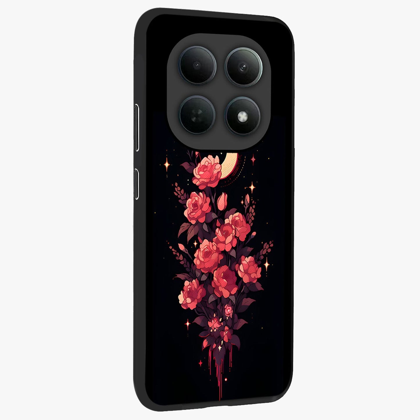 Moonlit Floral Elegance Glass Case upright view showcasing delicate floral artwork with refined night inspired theme.