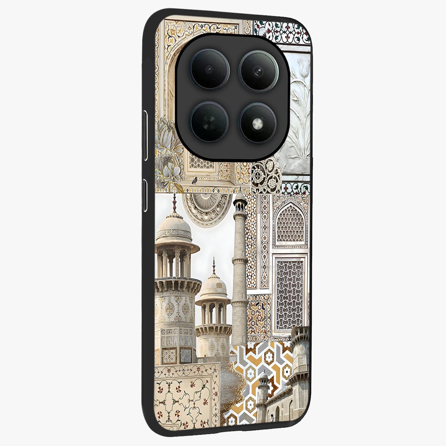 Mughal Marble Legacy Glass Case upright view showcasing ornate Mughal design with luxurious traditional theme.