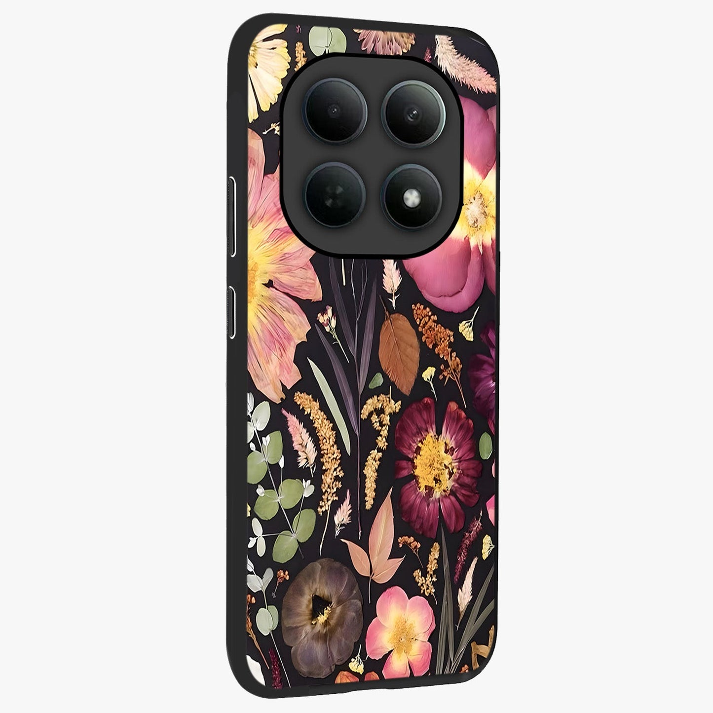 Petal Dream Tapestry Glass Case upright view showcasing detailed floral tapestry artwork with artistic nature theme.