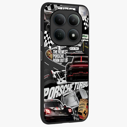 Porsche Racing Collage Glass Case upright view showcasing energetic car collage artwork with high speed racing theme.