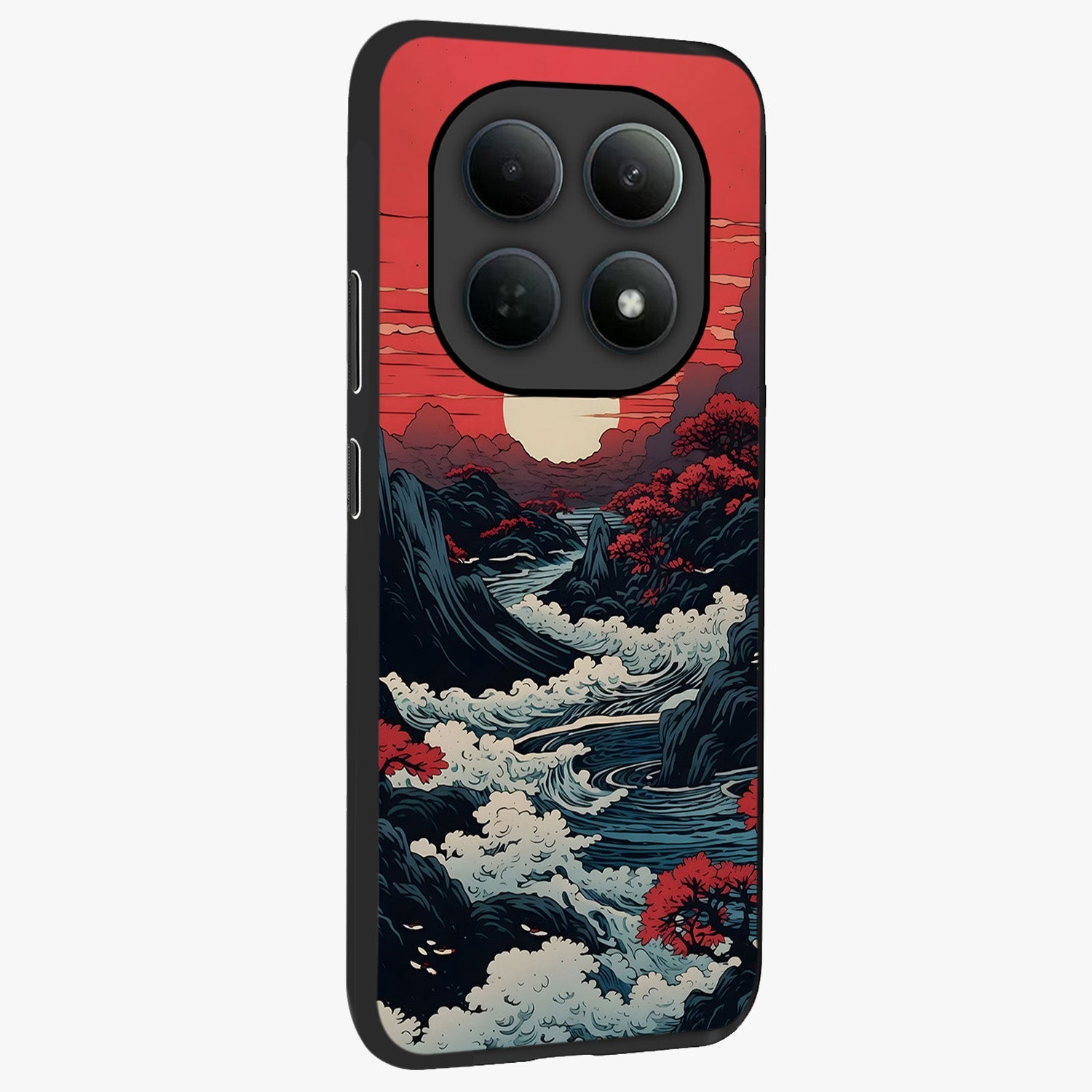 Red Sunset Scenery Glass Case upright view showcasing dramatic sunset scenery artwork with warm nature theme.