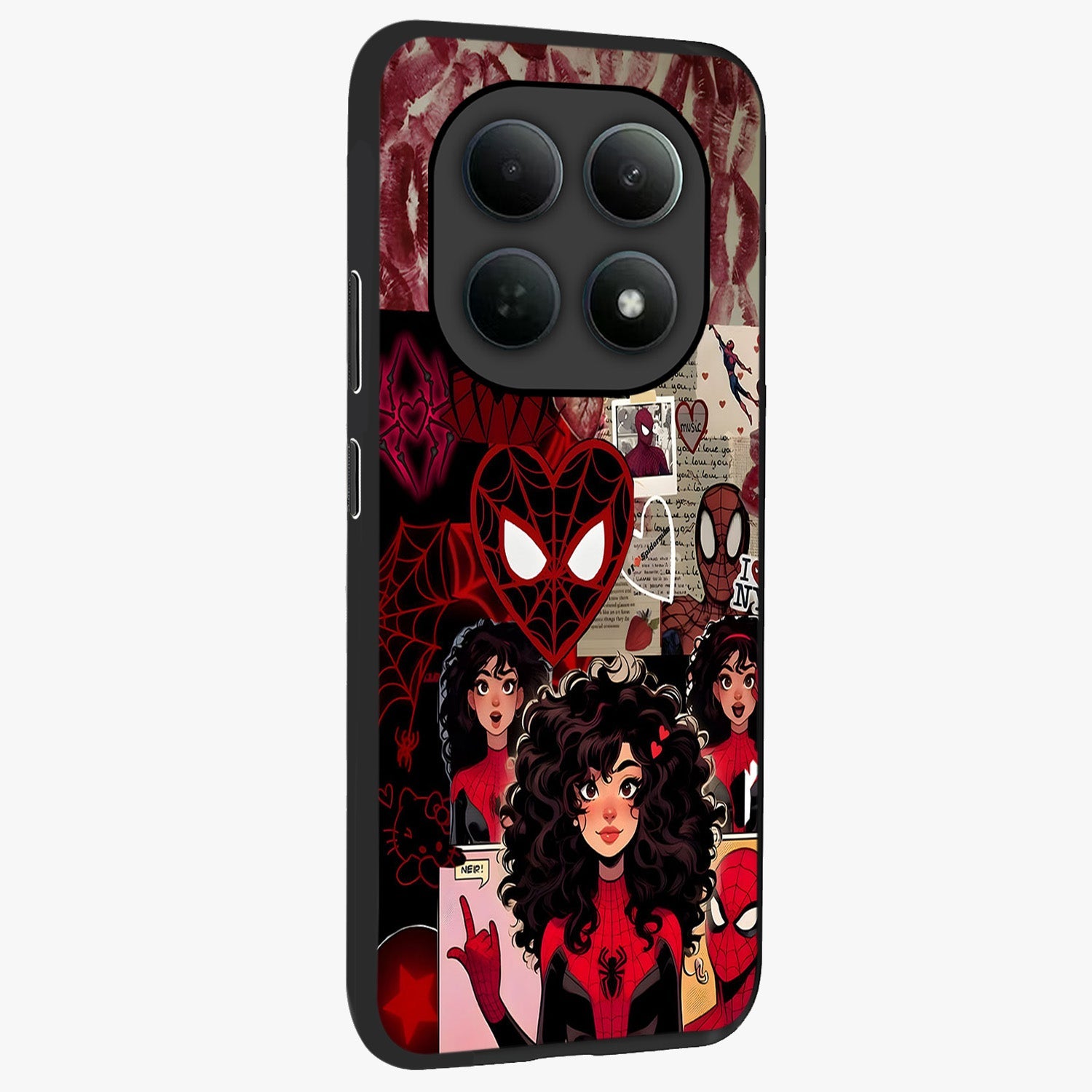 Spider Love Story Glass Case upright view showcasing charming superhero artwork with romantic comic theme.