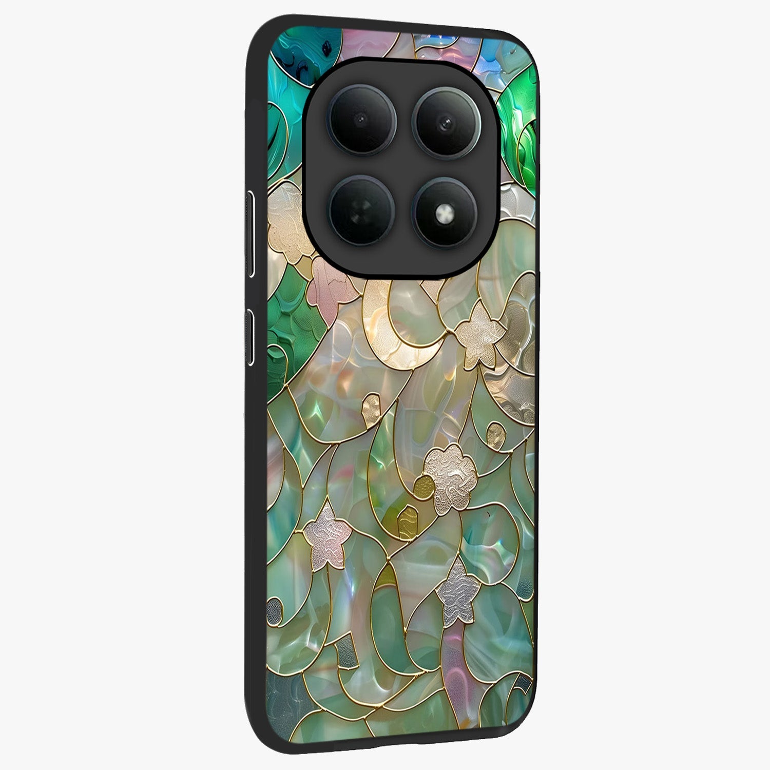 Stained Sunrise Glow Glass Case upright view showcasing colorful sunrise artwork with warm morning theme.