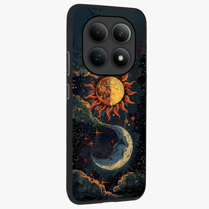 Sun And Moon Magic Design Glass Case upright view showcasing decorative sun and moon artwork with spiritual celestial theme.