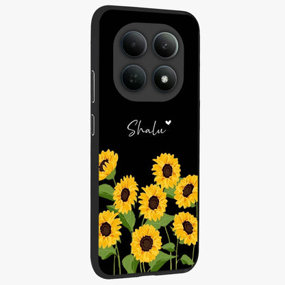 Sunflower Chic Mood Custom Name Glass Case upright view showcasing cheerful sunflower artwork with trendy floral theme.
