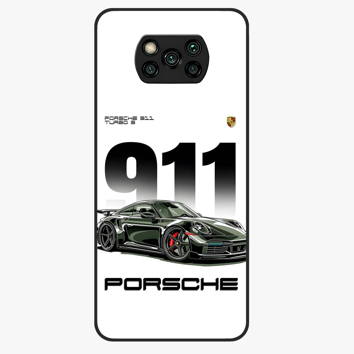 911 Turbo Dominance Glass Case showing clean flat back view with bold 911 sports car artwork and glossy glass finish.