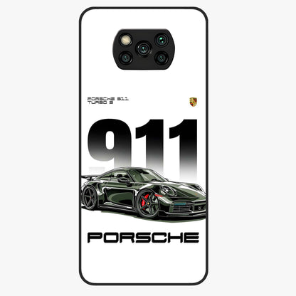 911 Turbo Dominance Glass Case showing clean flat back view with bold 911 sports car artwork and glossy glass finish.