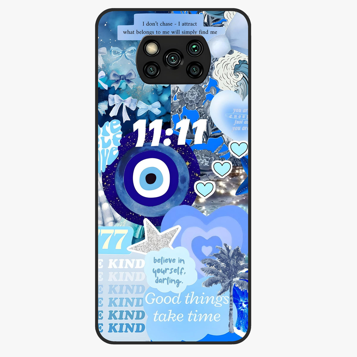 Aesthetic Be Kind Eye Glass Case showing flat back view with motivational eye artwork and glossy glass finish.