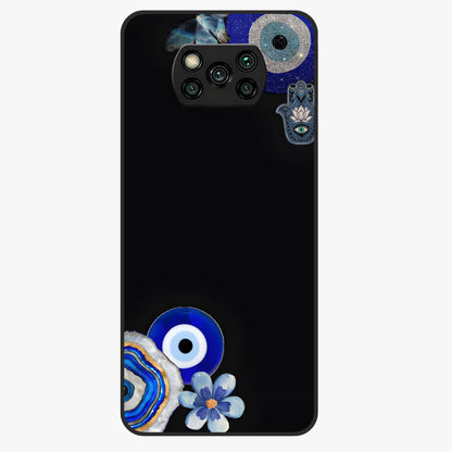 Aesthetic Blue Evil Eye Glass Case showing flat back view with protective evil eye artwork and glossy glass finish.