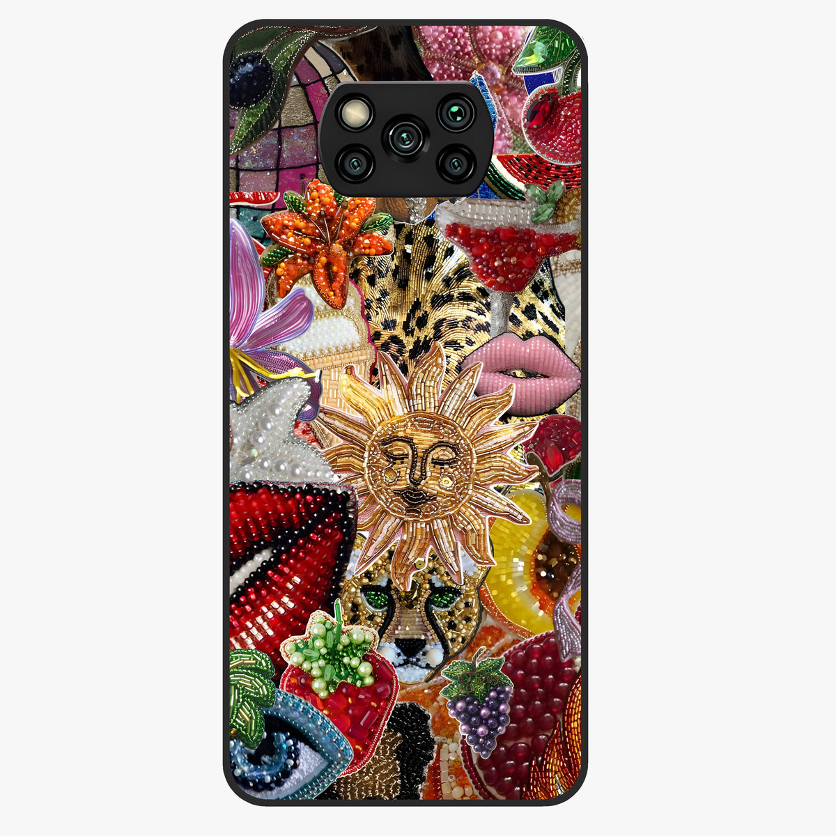 Beaded Fashion Jungle Glass Case showing flat back view with vibrant jungle inspired bead artwork and glossy glass finish.