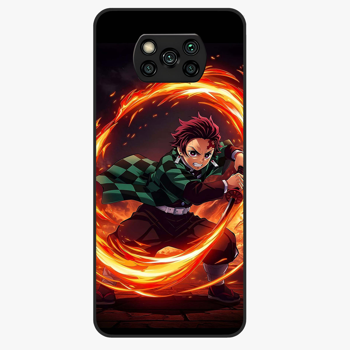 Blazing Sword Resolve Glass Case showing flat back view with fiery sword artwork and glossy glass finish.