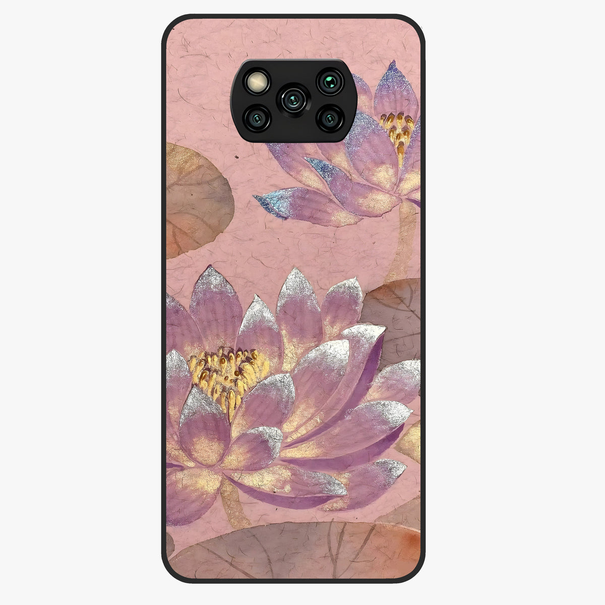 Blossom Mist Lotus Glass Case showing flat back view with serene lotus blossom artwork and glossy glass finish.