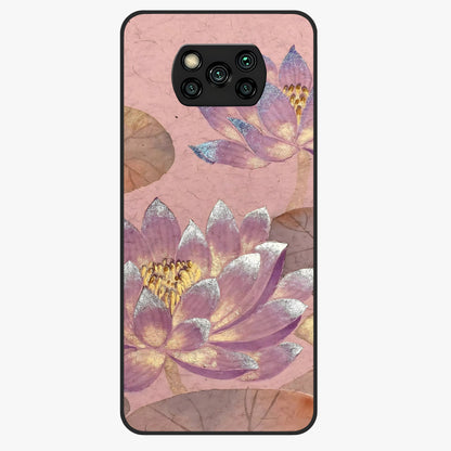 Blossom Mist Lotus Glass Case showing flat back view with serene lotus blossom artwork and glossy glass finish.