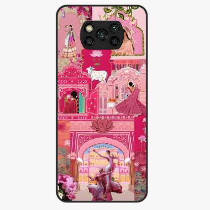 Blossoms of Rajasthan Glass Case showing flat back view with traditional floral artwork inspired by Rajasthan and glossy glass finish.