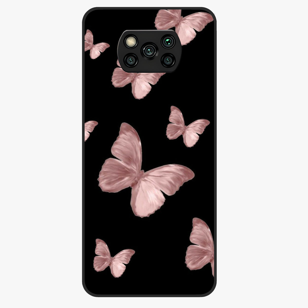 Butterfly Pattern Glass Case showing flat back view with elegant butterfly pattern artwork and glossy glass finish.