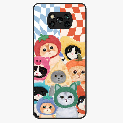 Cats in Fruits Glass Case showing flat back view with playful cat illustrations inside fruit artwork and glossy glass finish.
