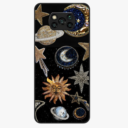 Celestial Gem Constellations Glass Case showing flat back view with sparkling constellation artwork and glossy glass finish.