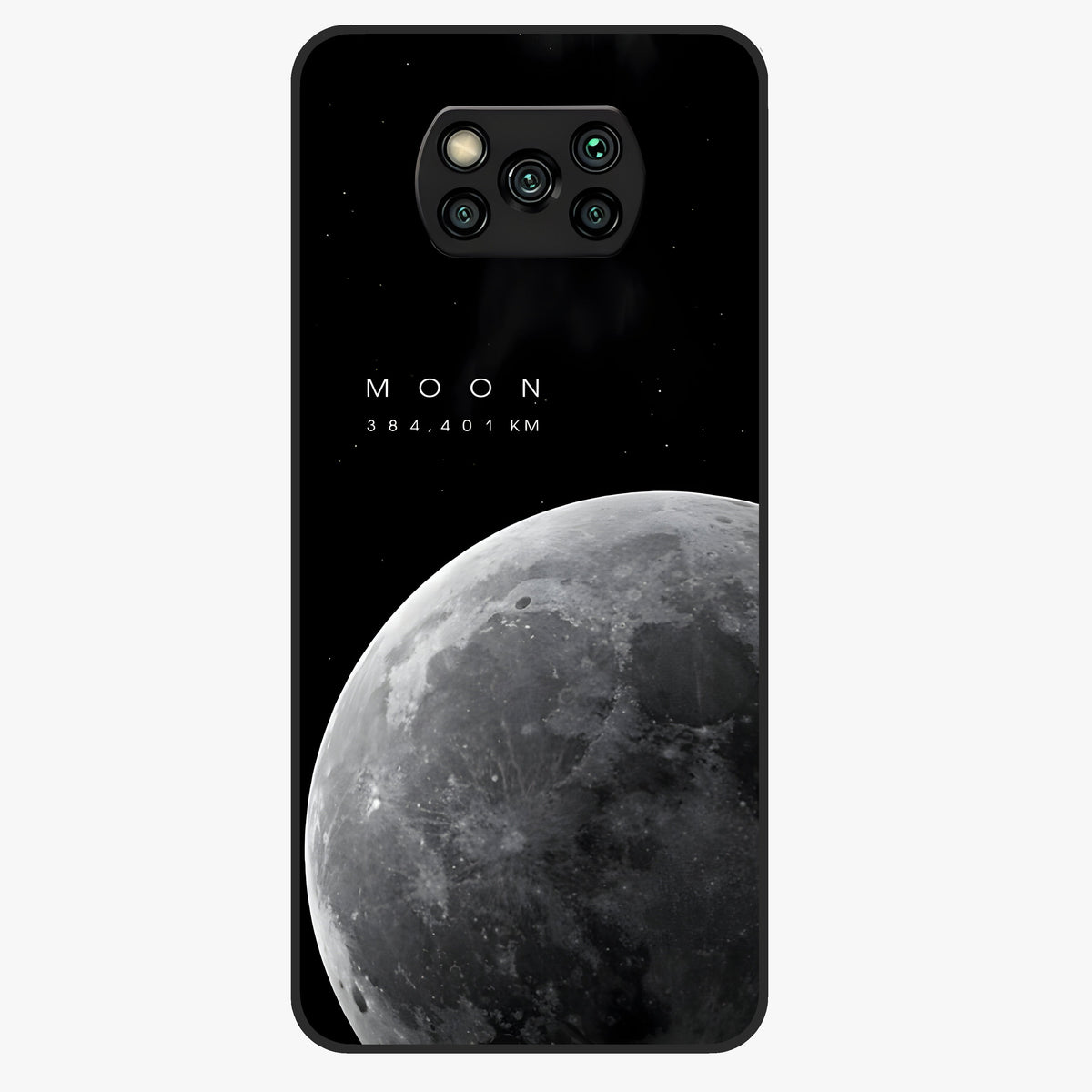 Cosmic Moon Glow Glass Case showing flat back view with glowing moon artwork and glossy glass finish.