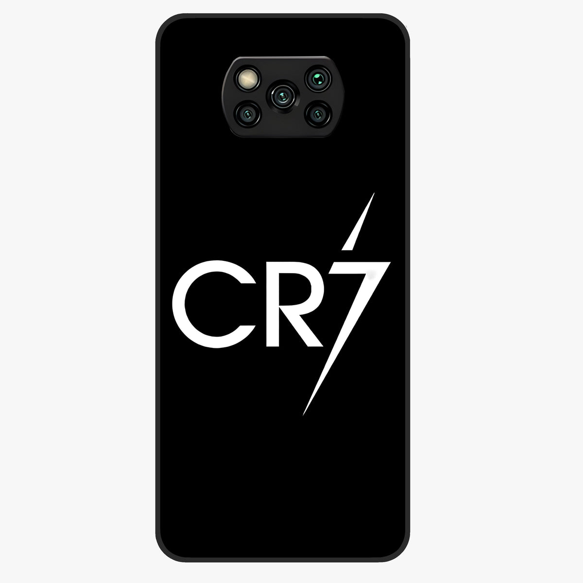Cr7 Elite Strike Glass Case showing flat back view with dynamic football inspired artwork and glossy glass finish.