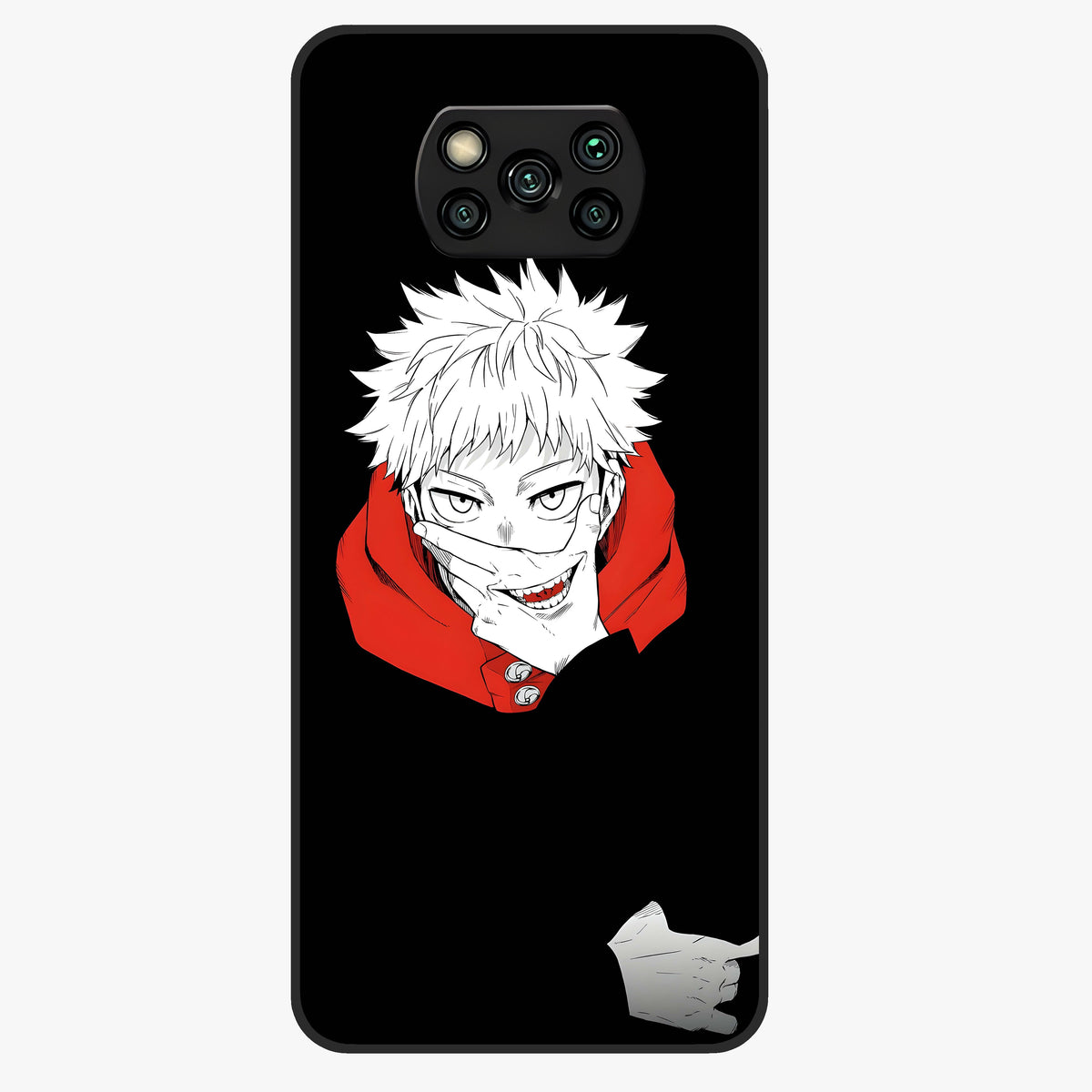Crimson Chaos Smile Glass Case showing flat back view with bold chaotic smile artwork and glossy glass finish.