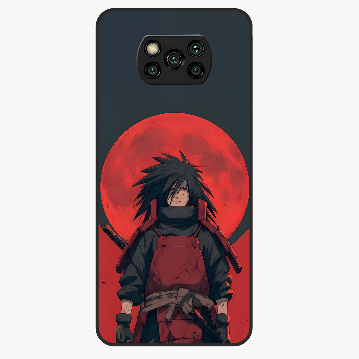 Crimson Moon Warlord Glass Case showing flat back view with mystical moon warrior artwork and glossy glass finish.