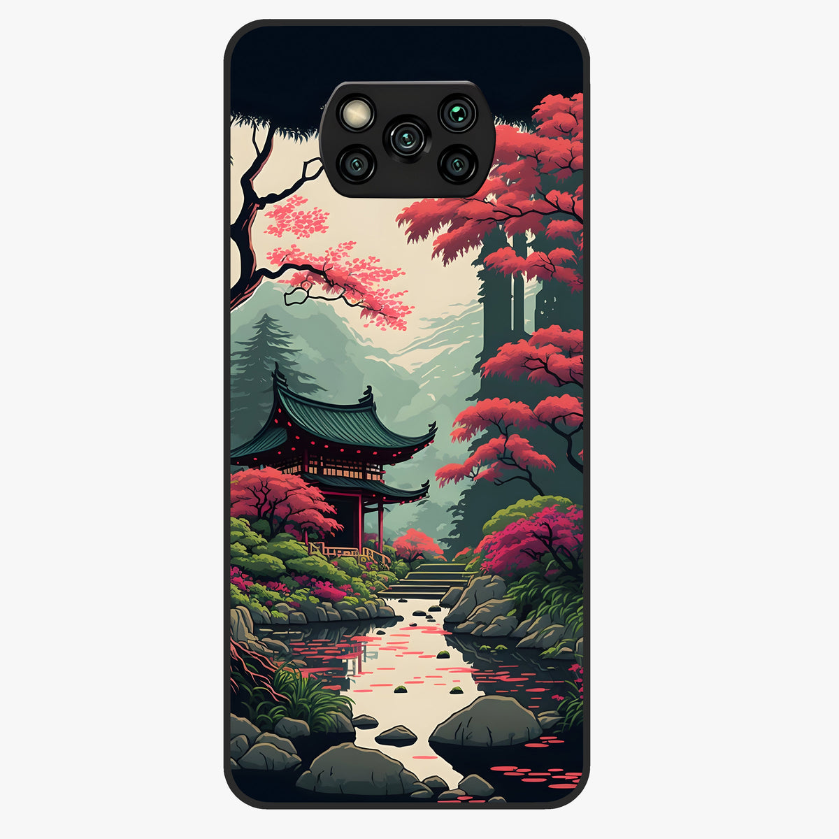 Crimson Temple View Glass Case showing flat back view with temple inspired artwork and glossy glass finish.