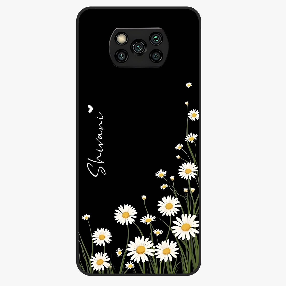 Daisy Cascade Custom Name Glass Case showing flat back view with cascading daisy flowers and personalized name design.