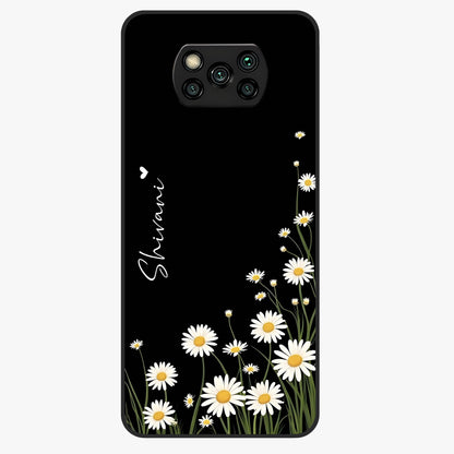 Daisy Cascade Custom Name Glass Case showing flat back view with cascading daisy flowers and personalized name design.