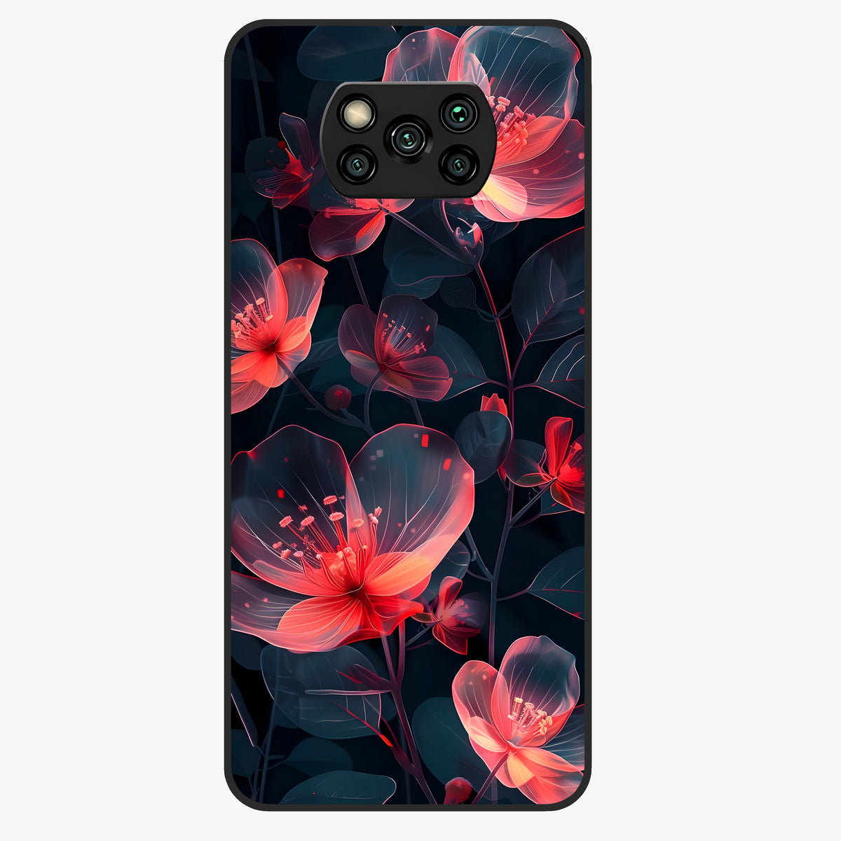 Dark Shade of Flower Glass Case showing flat back view with elegant dark floral artwork and glossy glass finish.