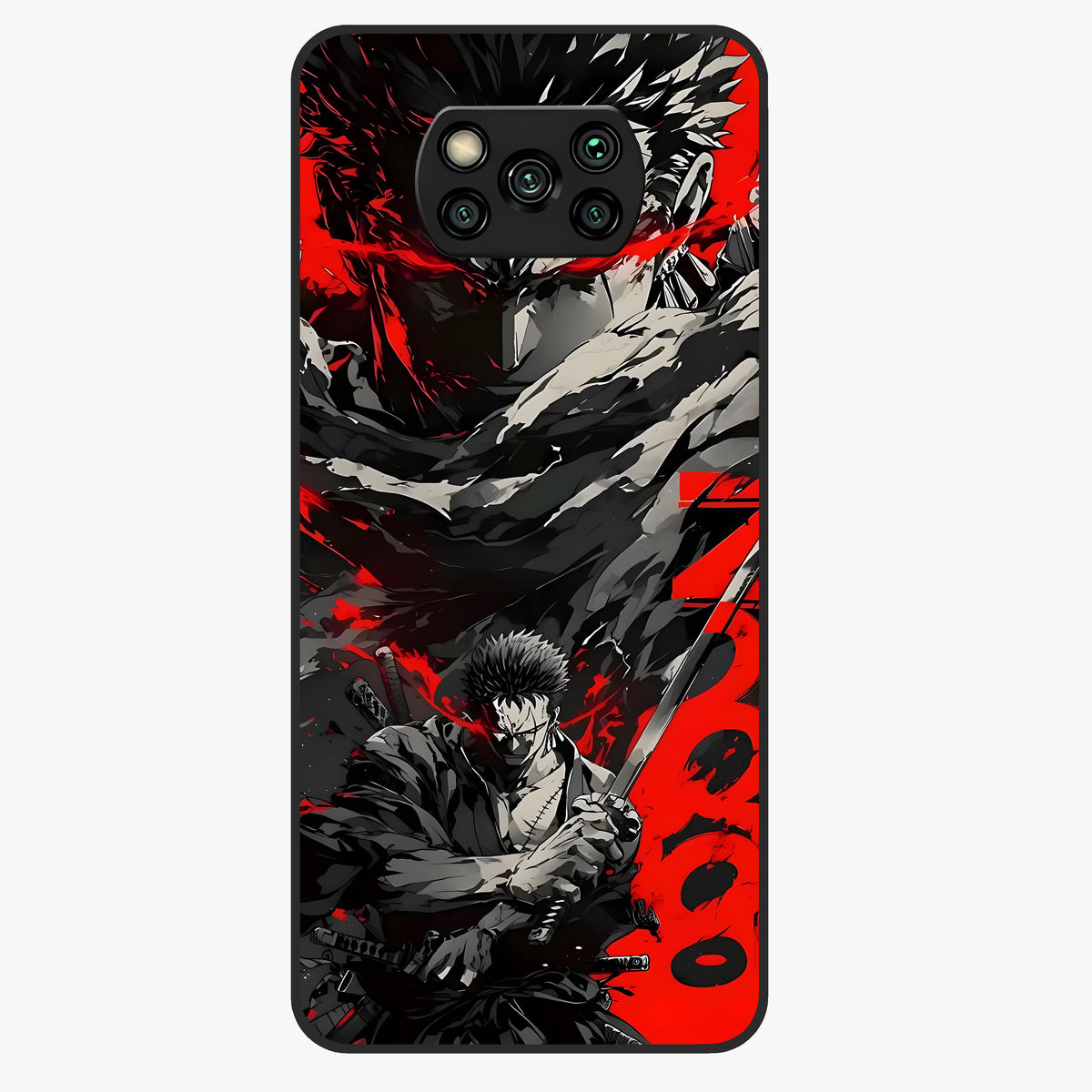 Demon Sword Resolve Glass Case showing flat back view with fierce sword warrior artwork and glossy glass finish.