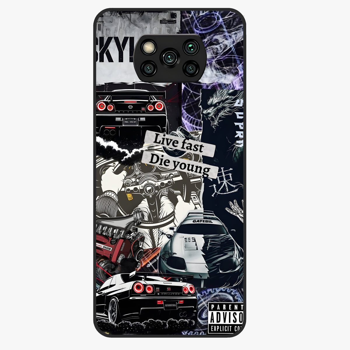 Die Young Glass Case showing flat back view with bold artistic typography design and glossy glass finish.