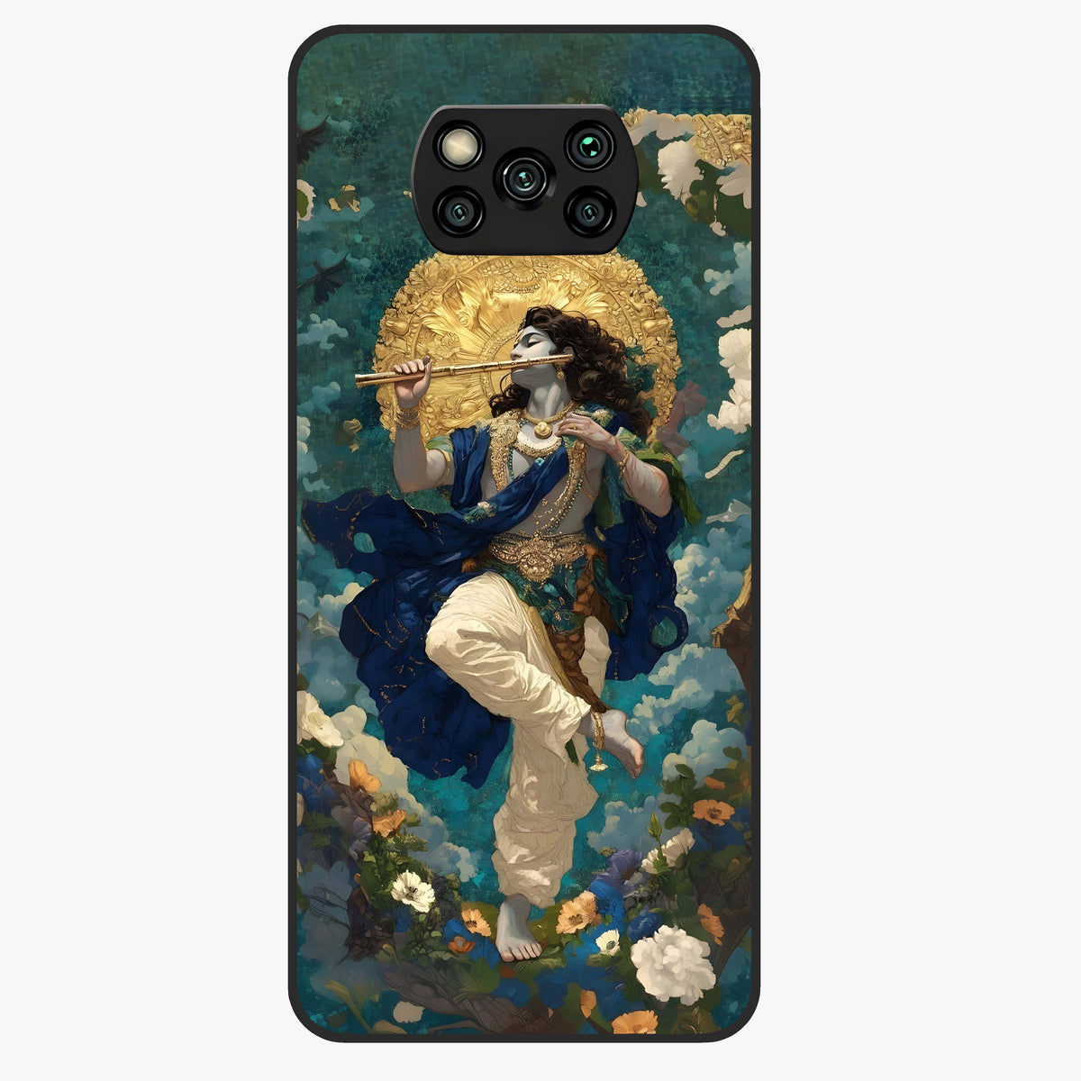 Divine Krishna Art Glass Case showing flat back view with Lord Krishna artwork and glossy glass finish.