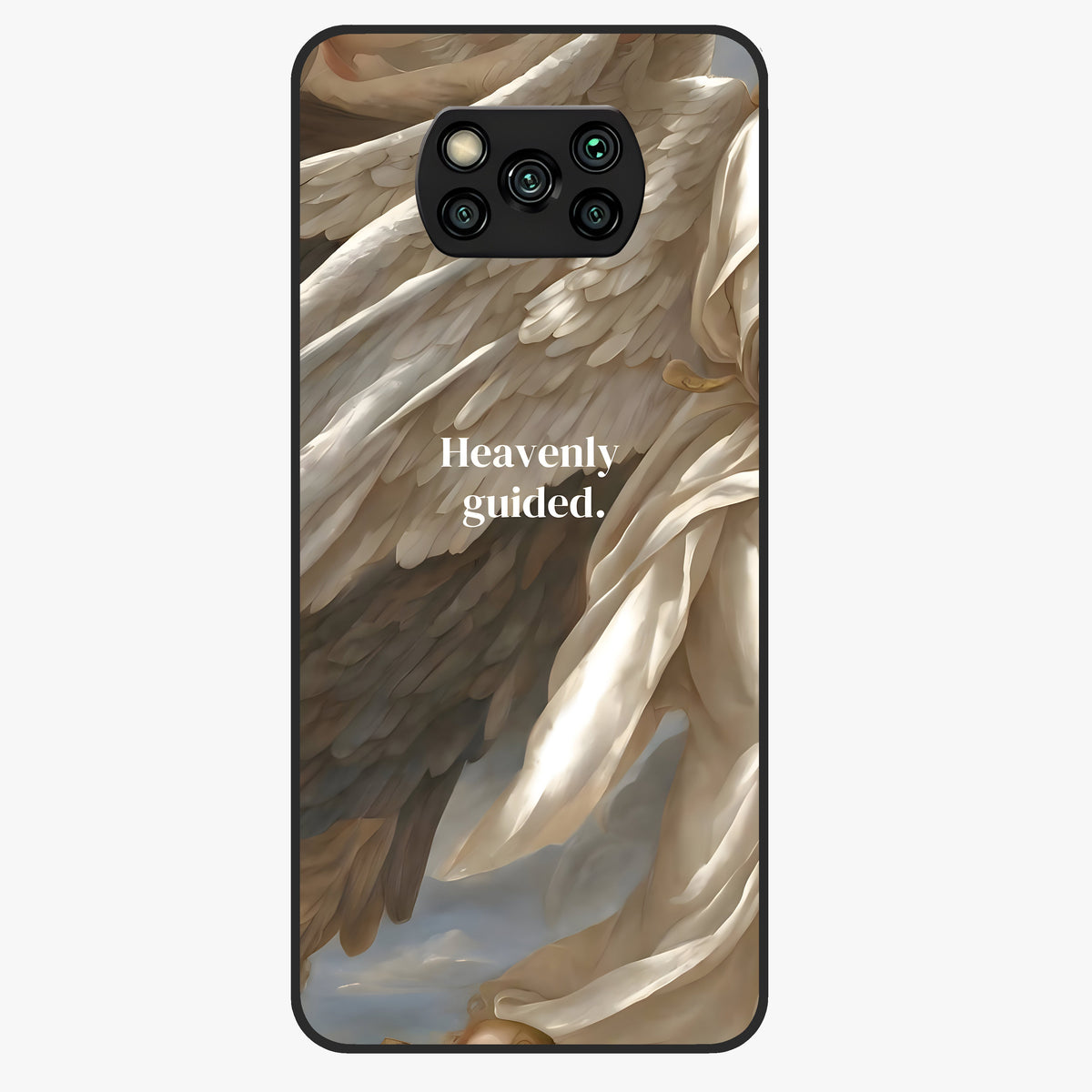 Divine Winged Grace Glass Case showing flat back view with elegant wing inspired artwork and glossy glass finish.