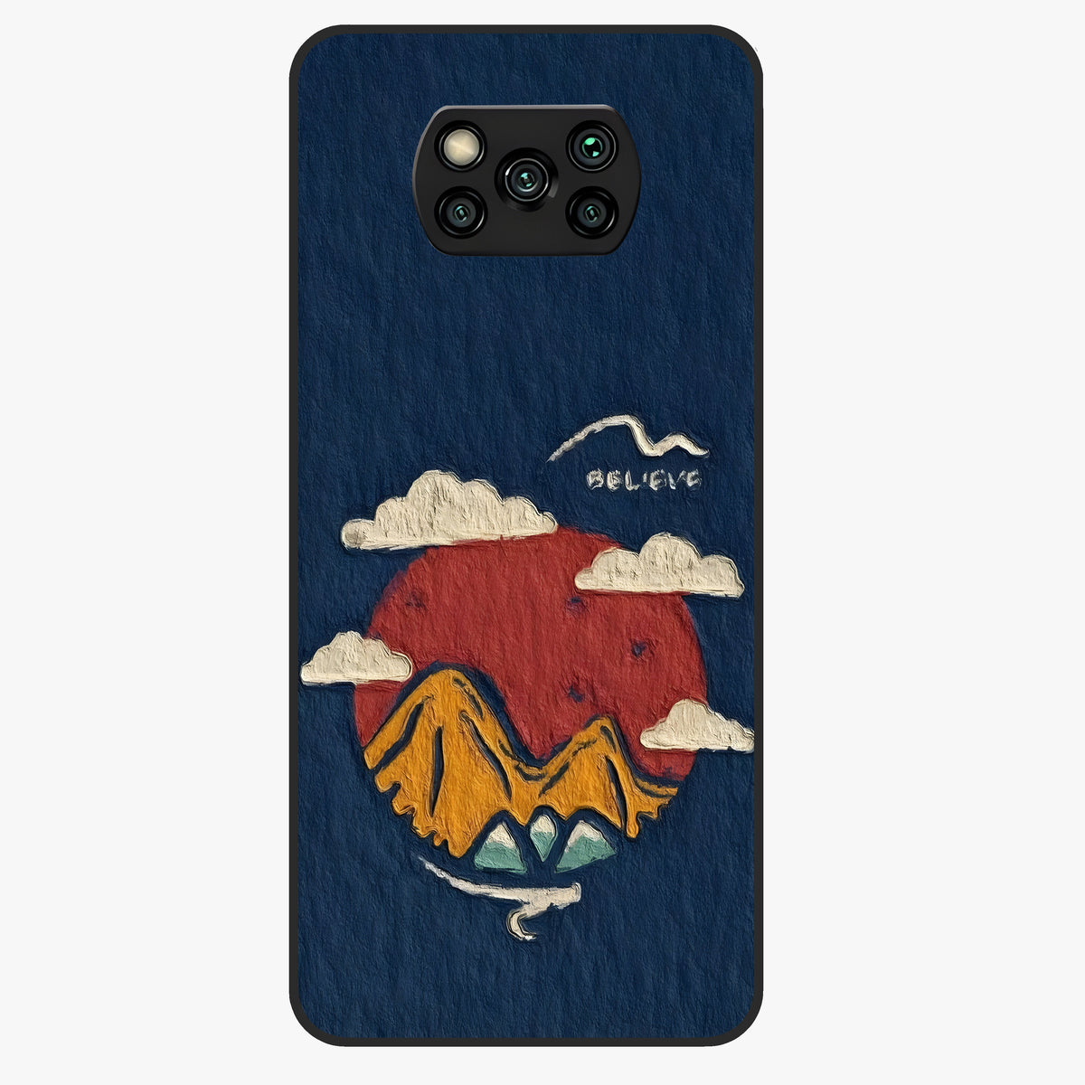 Dream Beyond Mountains Glass Case showing flat back view with scenic mountain landscape artwork and glossy glass finish.