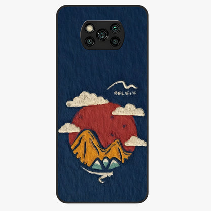 Dream Beyond Mountains Glass Case showing flat back view with scenic mountain landscape artwork and glossy glass finish.