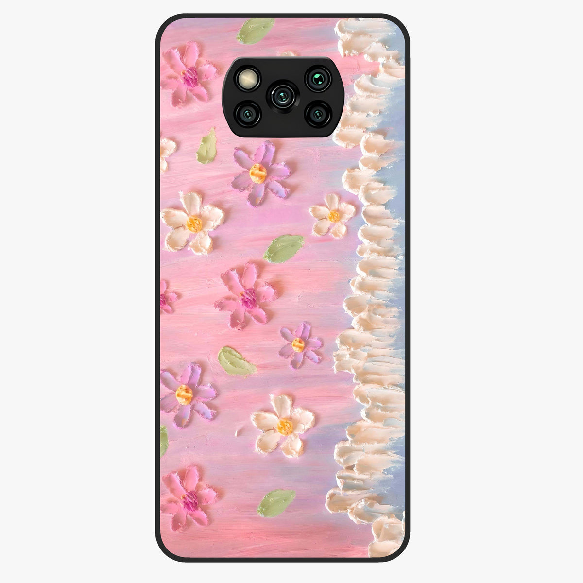 Dreamy Painted Garden Glass Case showing flat back view with artistic painted floral garden artwork and glossy glass finish.