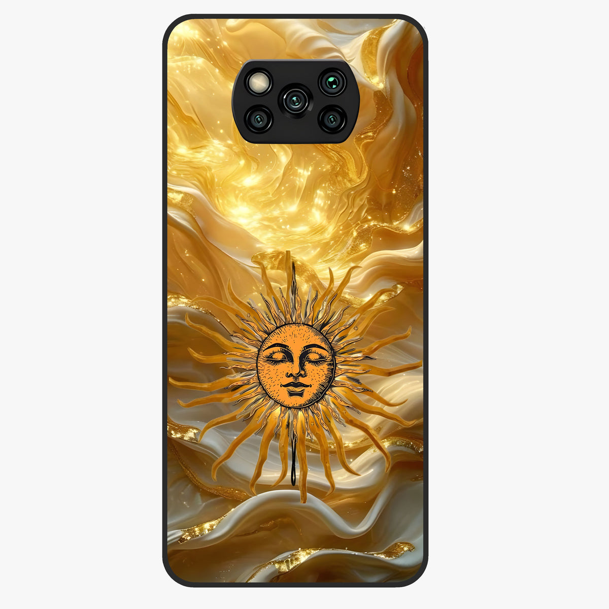 Eternal Golden Glow Glass Case showing flat back view with radiant golden themed artwork and glossy glass finish.