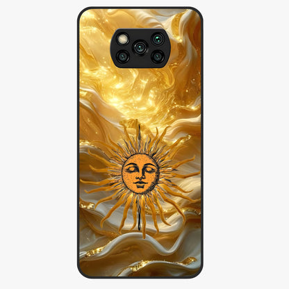 Eternal Golden Glow Glass Case showing flat back view with radiant golden themed artwork and glossy glass finish.