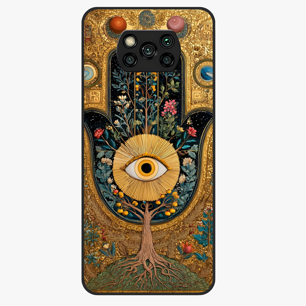 Ethereal Evil Eye Glass Case showing flat back view with mystical evil eye artwork and glossy glass finish.