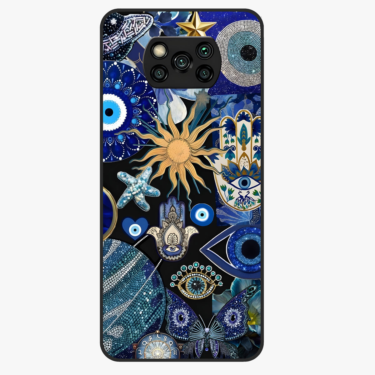 Evil Eye Charm Mix Glass Case showing flat back view with multiple evil eye charms artwork and glossy glass finish.