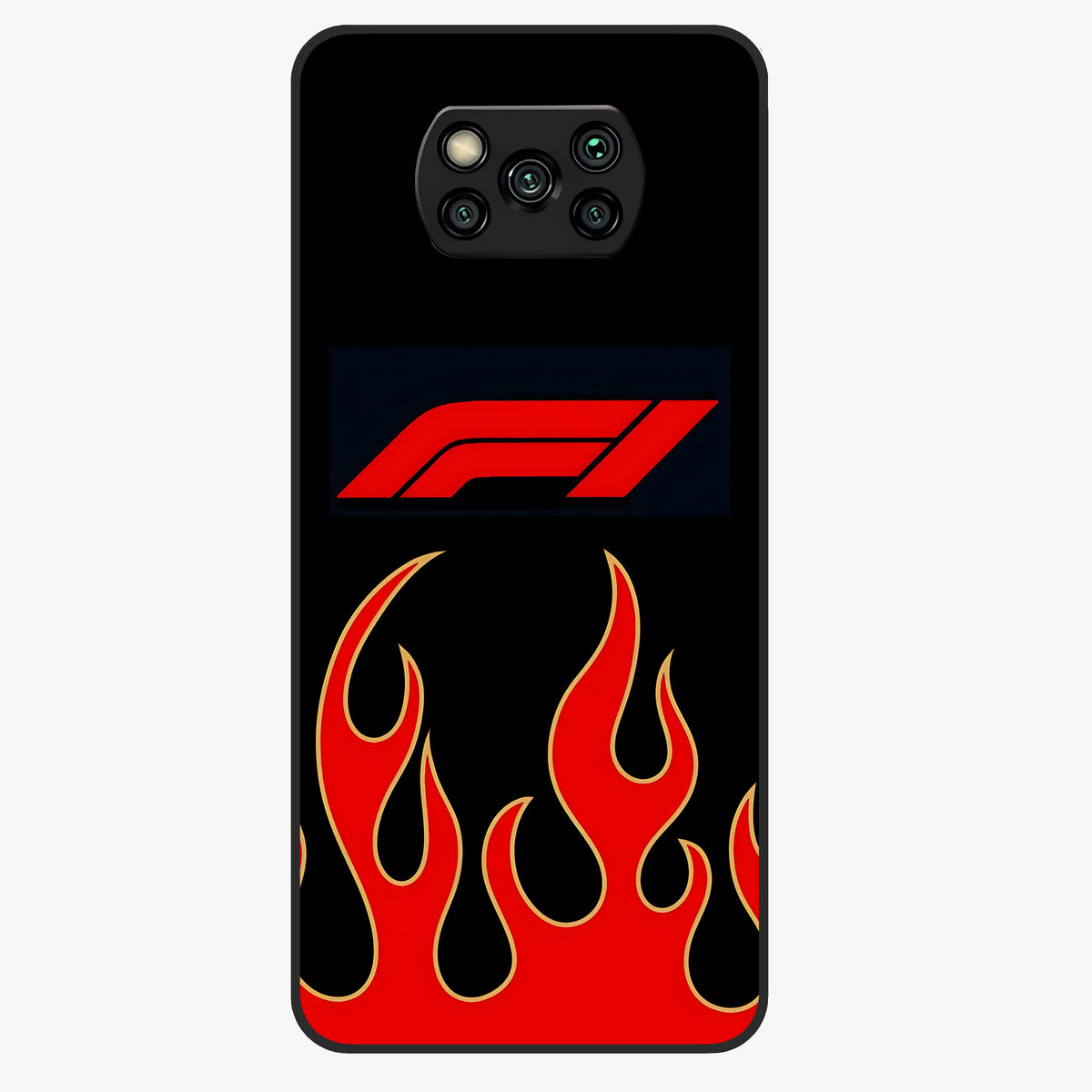 Fire F11 Glass Case showing flat back view with fiery themed artwork and glossy glass finish.